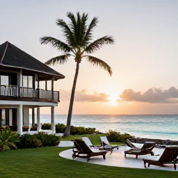 Caribbean Holidays, Martinique Luxury Holidays, Luxury beachfront resort in Martinique at sunrise, with elegant rooms, palm trees and calm turquoise sea