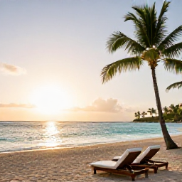 Caribbean Holidays, Martinique Luxury Holidays, Luxury beachfront resort in Martinique at sunrise, with palm trees, calm turquoise sea and elegant loungers