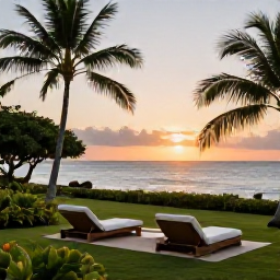 Caribbean Holidays, Martinique Luxury Holidays, Luxury beachfront resort in Martinique at sunset, with elegant loungers, tropical gardens and calm Caribbean Sea