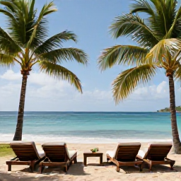 Caribbean Holidays, Martinique Luxury Holidays, Luxury beachfront resort in Martinique in November, with elegant sun loungers, palm trees and calm turquoise sea