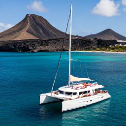 Caribbean Holidays, Martinique Luxury Holidays, Luxury catamaran sailing along Martinique&rsquo;s dramatic coastline, with volcanic hills, clear water and guests relaxing on deck