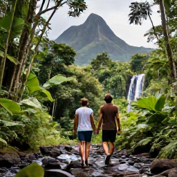 Caribbean Holidays, Martinique Luxury Holidays, Luxury couple walking through a lush Martinique rainforest near a waterfall, with volcanic mountains in the background