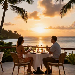 Caribbean Holidays, Martinique Luxury Holidays, Luxury Martinique holiday scene with a couple enjoying a sunset terrace, tropical sea and elegant outdoor dining