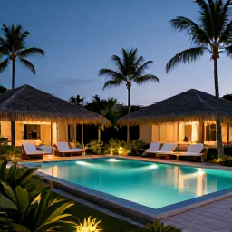 Caribbean Holidays, Martinique Luxury Holidays, Luxury Martinique hotel at dusk with illuminated pool, tropical gardens and a calm Caribbean atmosphere