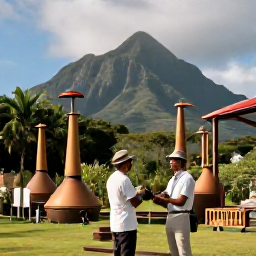 Caribbean Holidays, Martinique Luxury Holidays, Luxury travellers visiting a Martinique rum distillery and lush botanical garden, with volcanic mountains in the background