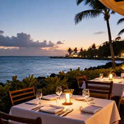 Caribbean Holidays, Martinique Luxury Holidays, Outdoor restaurant in Martinique serving elegant Creole and French cuisine beside the sea at evening