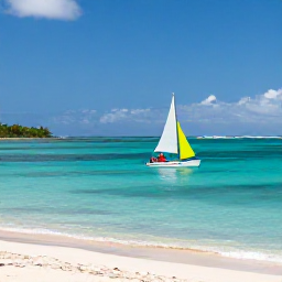 Caribbean Holidays, Martinique Luxury Holidays, Paddleboarders and a small sailing boat on clear Caribbean water beside a sandy Martinique beach