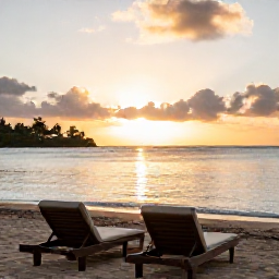 Caribbean Holidays, Martinique Luxury Holidays, Relaxed luxury beach scene in Martinique at sunset, with two loungers, soft golden light and calm Caribbean water