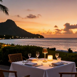 Caribbean Holidays, Martinique Luxury Holidays, Romantic sunset dinner on a Martinique hotel terrace overlooking the Caribbean, elegant table setting and warm lights