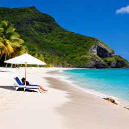 Caribbean Holidays, Martinique Luxury Holidays, Secluded Martinique beach with white sand, clear blue water, lush tropical hills and a couple relaxing under a parasol