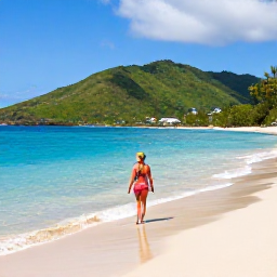 Caribbean Holidays, Martinique Luxury Holidays, Traveller enjoying a pristine Martinique beach with clear water, soft sand and green hills in the background