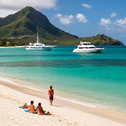 Caribbean Holidays, Martinique Luxury Holidays, Travellers relaxing on a secluded Martinique beach with clear water, green hills and a luxury boat offshore