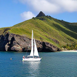 Caribbean Holidays, Martinique Luxury Holidays, Travellers sailing on calm turquoise water beside the rugged Martinique coastline, with green hills and a small beach