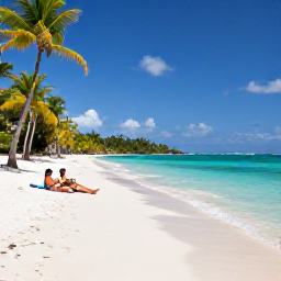 Caribbean Holidays, Martinique Luxury Holidays, White sandy beach at Sainte-Anne in Martinique, clear turquoise water, palm trees and a couple relaxing in the sunshine
