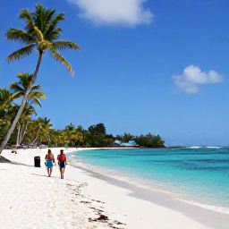 Caribbean Holidays, Martinique Luxury Holidays, White sandy beach near Les Salines in Martinique with clear turquoise water, coconut palms and a couple walking along the shore