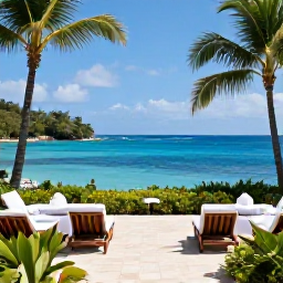 Caribbean Holidays, Martinique Luxury June, Elegant Martinique hotel terrace overlooking a tropical bay, with comfortable loungers, lush gardens and blue Caribbean water