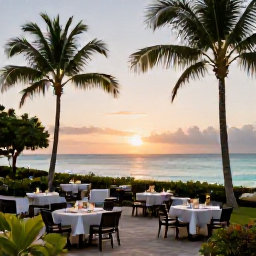 Caribbean Holidays, Martinique Luxury June, Luxury beachfront resort in Martinique at sunset, with palm trees, calm turquoise sea and elegant outdoor dining