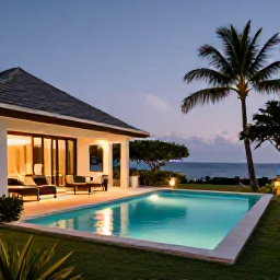Caribbean Holidays, Martinique Luxury June, Luxury Martinique villa at dusk with private pool, warm lights, tropical garden and distant sea view