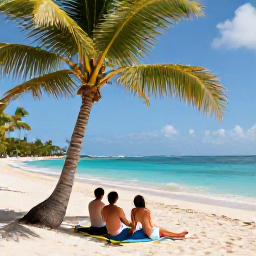 Caribbean Holidays, Martinique Luxury June, White-sand beach in Martinique with a couple relaxing under palm trees, turquoise water and gentle waves