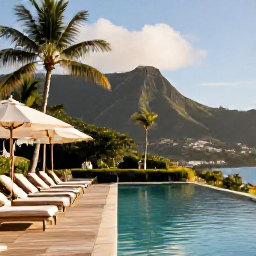 Caribbean Holidays, Martinique March Escapes, Adults relaxing beside a quiet infinity pool at a stylish Martinique hotel in warm March sunshine, with palm trees and lush hills in the background