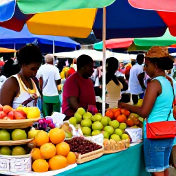 Caribbean Holidays, Martinique March Escapes, Colourful Fort-de-France market in Martinique with tropical fruit, spices, flowers and relaxed adult visitors browsing stalls