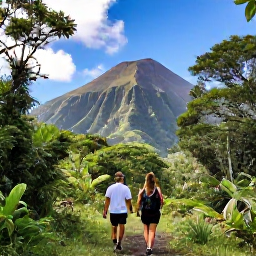 Caribbean Holidays, Martinique March Escapes, Couple hiking through lush Martinique rainforest near Mount Pel&eacute;e, with dramatic green mountains and a clear March sky