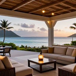 Caribbean Holidays, Martinique March Escapes, Elegant adults-only Martinique hotel terrace at sunset with comfortable seating, soft lighting and views over the Caribbean Sea