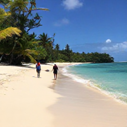 Caribbean Holidays, Martinique March Escapes, Secluded Martinique beach with clear turquoise water, golden sand, tropical vegetation and two adults walking along the shoreline in March