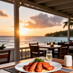Caribbean Holidays, Martinique March Holidays, A relaxed beachfront restaurant in Martinique serving fresh seafood at sunset