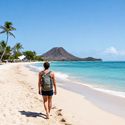 Caribbean Holidays, Martinique March Holidays, Backpacker with a small rucksack walking along a sunny Martinique beach, turquoise sea, palm trees and volcanic hills in the distance