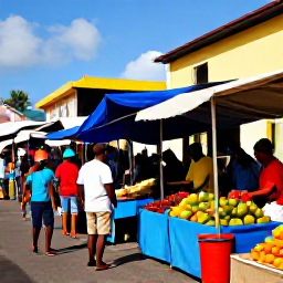 Caribbean Holidays, Martinique March Holidays, Colourful Fort-de-France street with market stalls, tropical fruit, spices and friendly local shoppers in Martinique