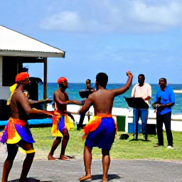 Caribbean Holidays, Martinique March Holidays, Martinique cultural festival with dancers in colourful costumes and musicians performing outdoors near the coast in March