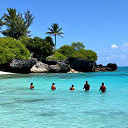 Caribbean Holidays, Martinique March Holidays, Relaxed backpackers swimming and snorkelling in clear turquoise water at Anse Dufour, Martinique, with rocky coves and tropical greenery