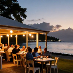 Caribbean Holidays, Martinique March Holidays, Relaxed evening in a Martinique seaside village, with diners at a Creole restaurant, warm lights and calm Caribbean water