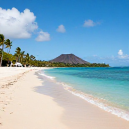 Caribbean Holidays, Martinique March Holidays, Scenic Martinique coastline in March with a quiet sandy beach, turquoise water, palm trees and volcanic hills in the distance