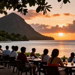 Caribbean Holidays, Martinique March Holidays, Travellers relaxing at a Martinique seaside caf&eacute; at sunset after a day exploring the island&rsquo;s natural landscapes