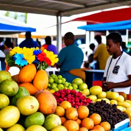 Caribbean Holidays, Martinique March Holidays, Visitors exploring Fort-de-France market in Martinique, surrounded by colourful tropical fruit, spices, flowers and local craft stalls