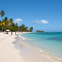Caribbean Holidays, Martinique March Holidays, Visitors relaxing on Les Salines beach in Martinique, with clear shallow water, soft sand and coconut palms