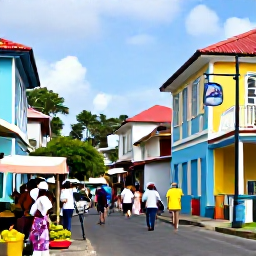 Caribbean Holidays, Martinique May Holidays, Colourful Fort-de-France street in Martinique with Creole buildings, a lively market, tropical fruit and local shoppers
