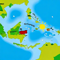 Caribbean Holidays, Martinique Multi-Country, A colourful Caribbean map showing Martinique and neighbouring islands, with a small suitcase and July sunshine
