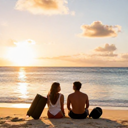 Caribbean Holidays, Martinique Multi Country, A couple relaxing on a Caribbean beach at sunset with luggage nearby, suggesting a comfortable multi-destination holiday