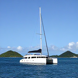 Caribbean Holidays, Martinique Multi-Country, A modern catamaran travelling between Caribbean islands beneath a bright blue sky, with green islands on the horizon