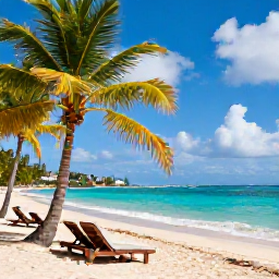 Caribbean Holidays, Martinique Multi-Country, A relaxed Caribbean beach in July with turquoise water, palm trees, sun loungers and light tropical clouds