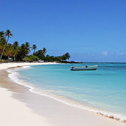 Caribbean Holidays, Martinique Multi Country, A relaxed Caribbean beach with clear water, palm trees and a small boat, representing an easy island-hopping holiday from Martinique