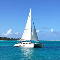 Caribbean Holidays, Martinique Multi-Country, Catamaran sailing between bright Caribbean islands, with turquoise sea, white sails and Martinique coastline in the background