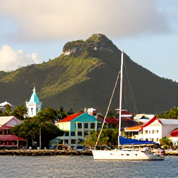 Caribbean Holidays, Martinique Multi Country, Colourful Fort-de-France waterfront in Martinique with tropical hills, sailing boats and warm September light