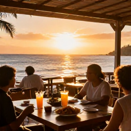 Caribbean Holidays, Martinique Multi Country, Friendly Martinique beachside restaurant at sunset with Creole dishes, tropical drinks and relaxed diners