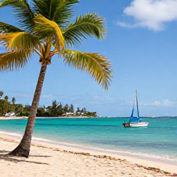 Caribbean Holidays, Martinique Multi-Country Holidays, A bright coastal scene in Martinique in February, with turquoise water, palm trees and a small sailing boat near a sandy beach