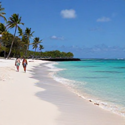 Caribbean Holidays, Martinique Multi-Country Holidays, A calm Martinique beach in May with clear turquoise water, palm trees and a couple walking along pale sand