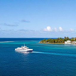 Caribbean Holidays, Martinique Multi-Country Holidays, A Caribbean island-hopping scene showing a ferry or small aircraft connecting Martinique with another tropical island, viewed across clear blue sea